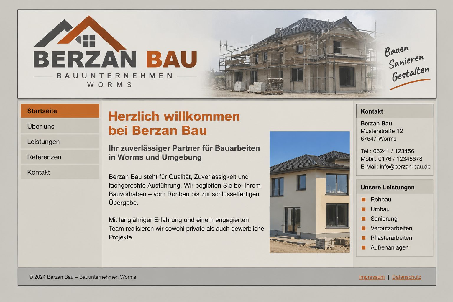 Vorher: alte Startseite von Berzan Bau mit Willkommenstext und Seitennavigation